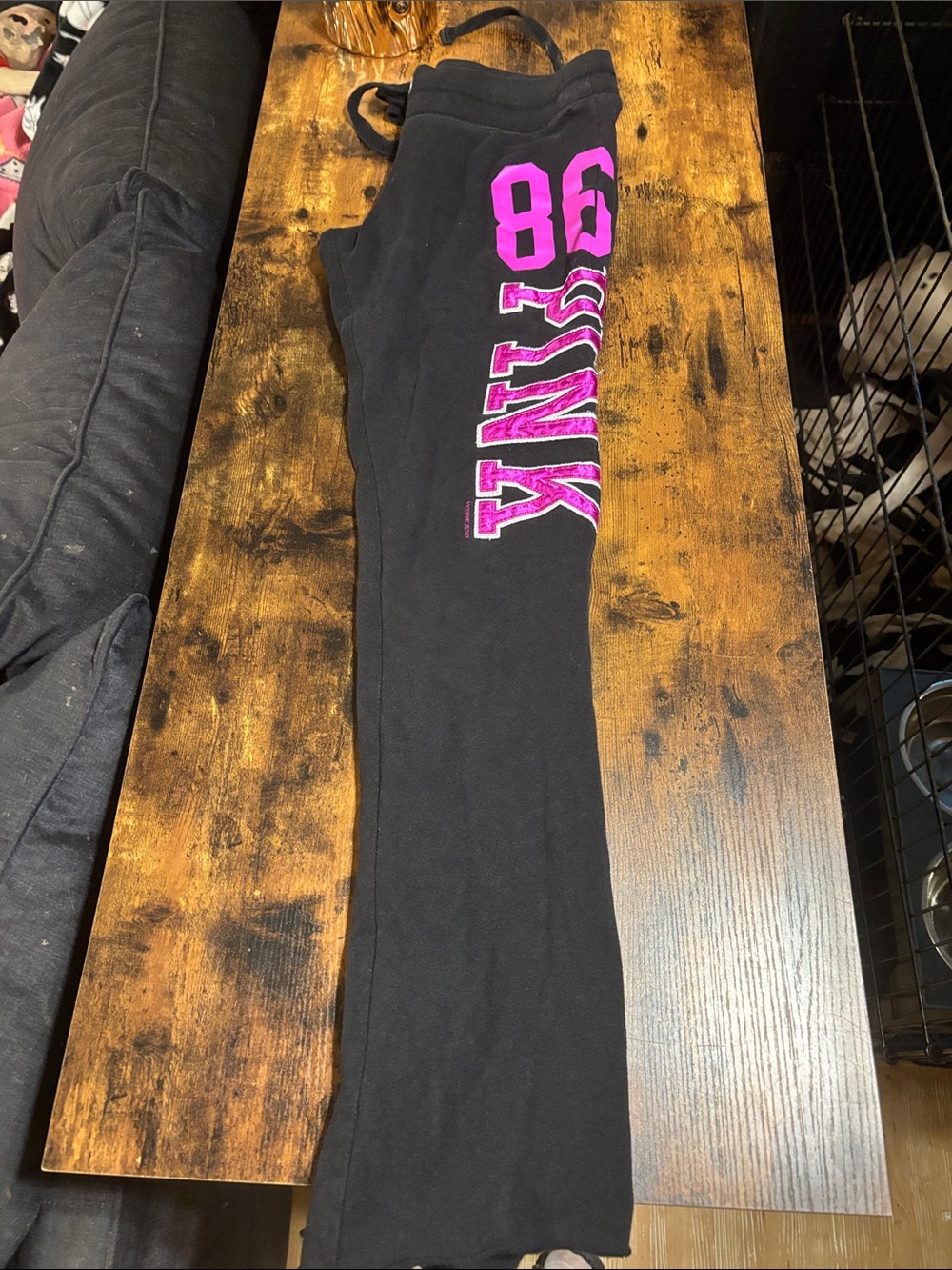 PINK Victoria's Secret Black Sweatpants with Purple 'PINK' Graphic & 86